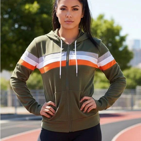 AQ Sports Women's Poly Stripe Zip Front Hoodie with Orange and Withe Stripes - Picture 2 of 11